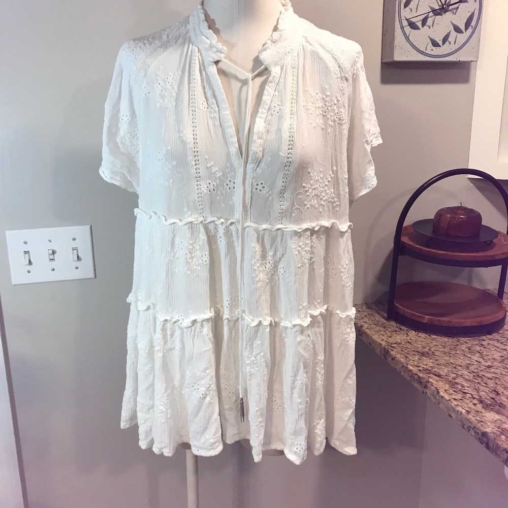VICI embroidered eyelet ruffled tiered mini dress